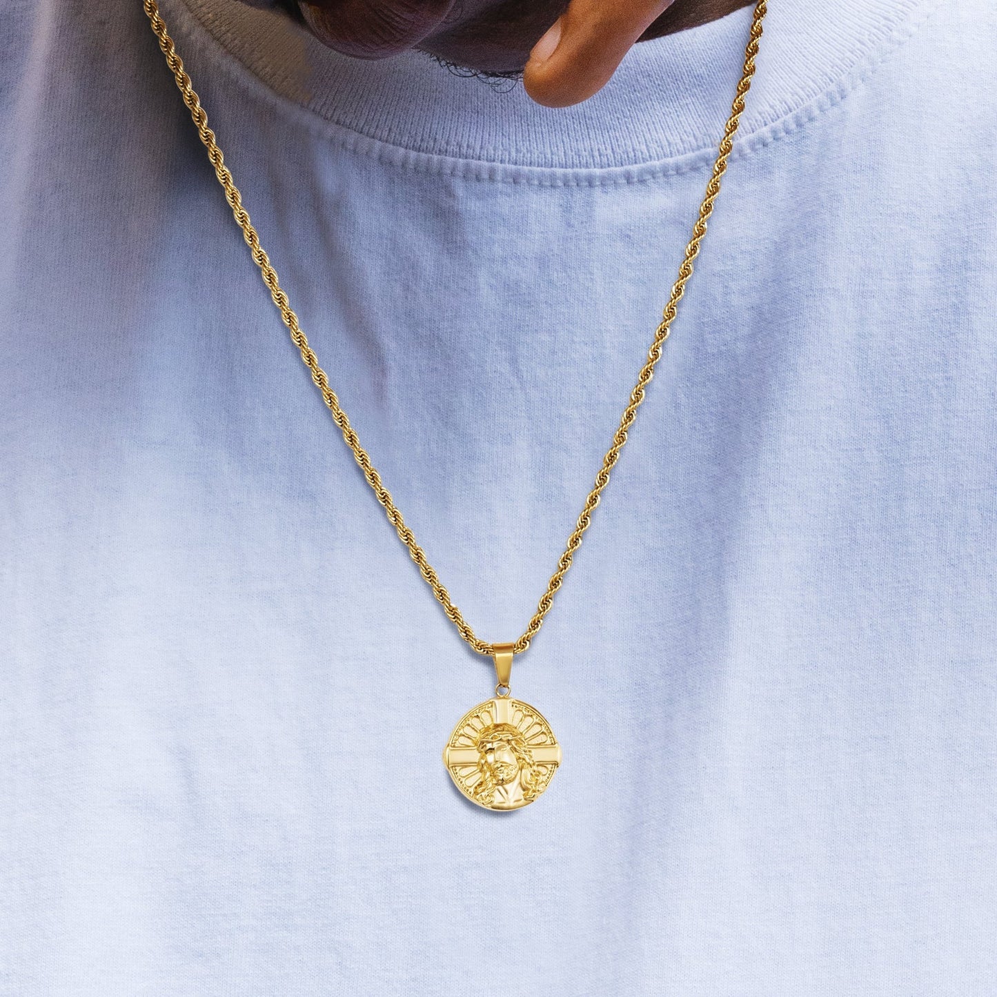 Wholesale Jesus on Cross Gold Coin Pendant Necklace with Rope Chain for Men