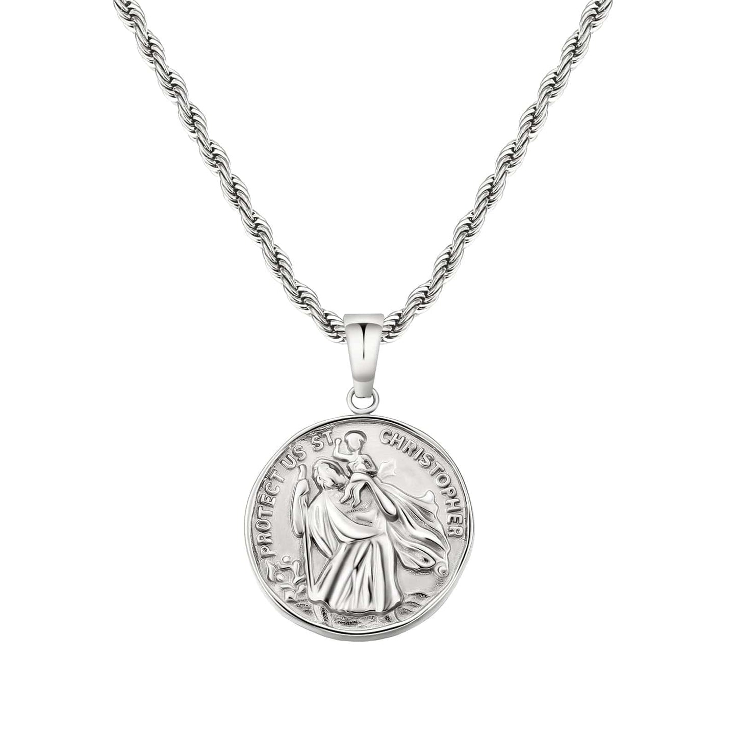 St Christopher Gold Coin Pendant Necklace with Rope Chain for Men