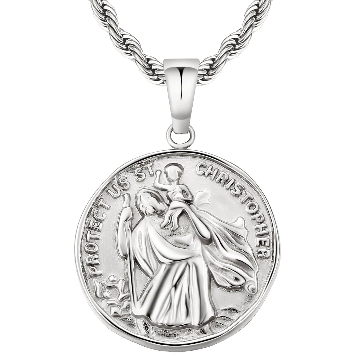 St Christopher Gold Coin Pendant Necklace with Rope Chain for Men