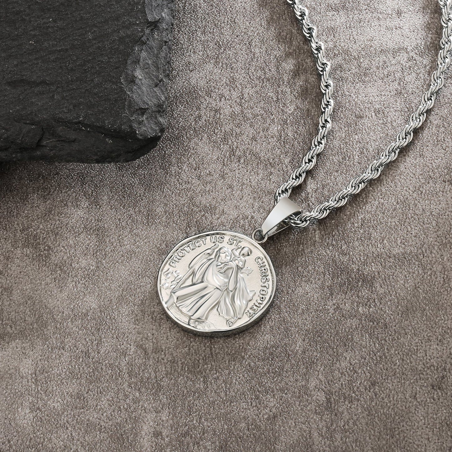 St Christopher Gold Coin Pendant Necklace with Rope Chain for Men