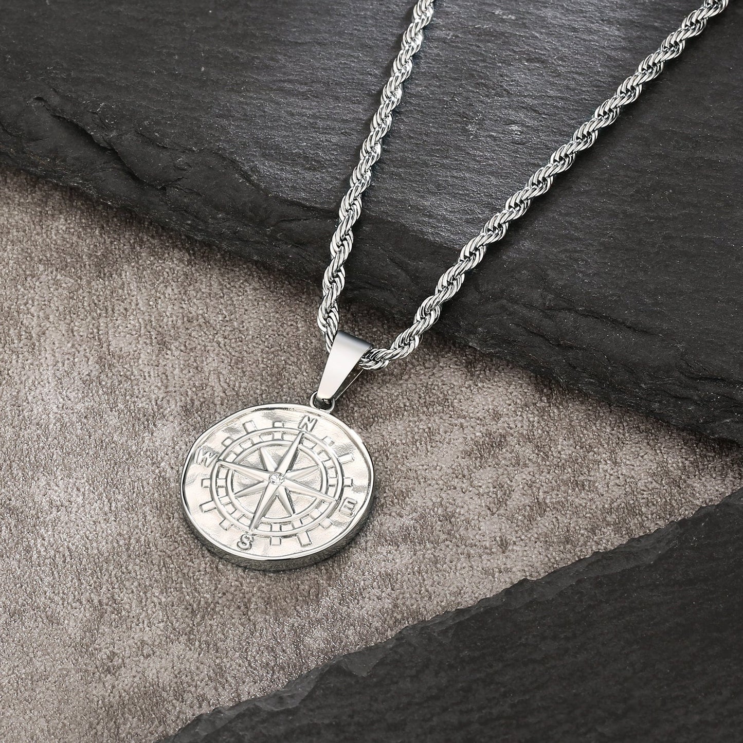 Compass Gold Coin Pendant Necklace with Rope Chain for Men