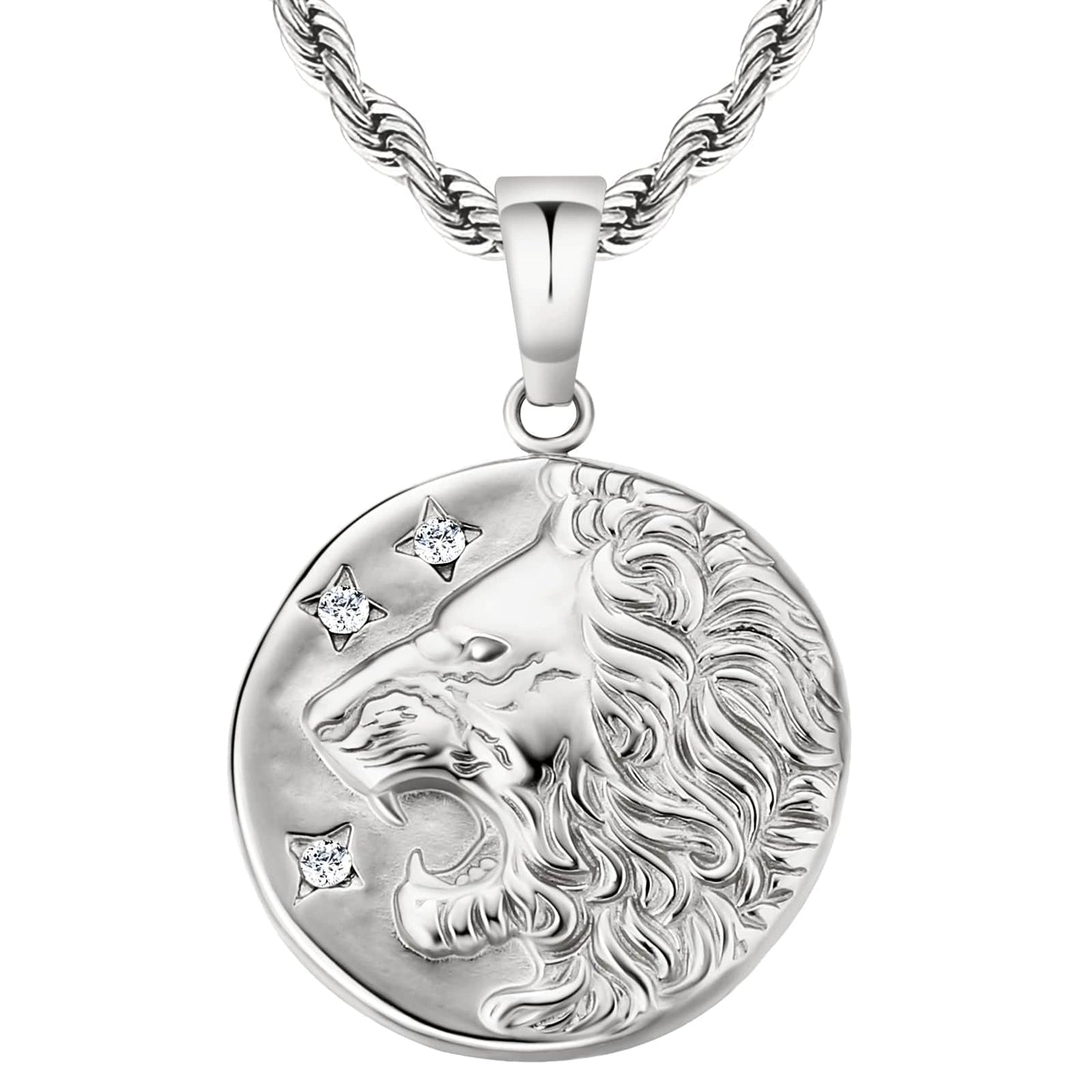 Lion Gold Coin Pendant Necklace with Rope Chain for Men