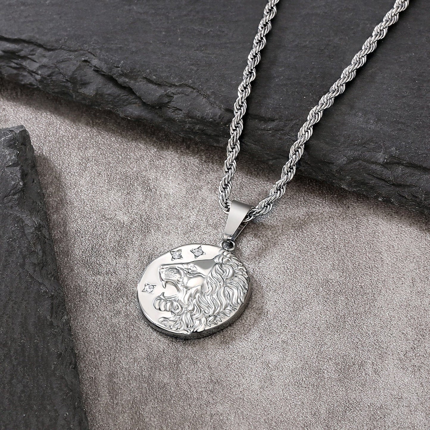 Lion Gold Coin Pendant Necklace with Rope Chain for Men