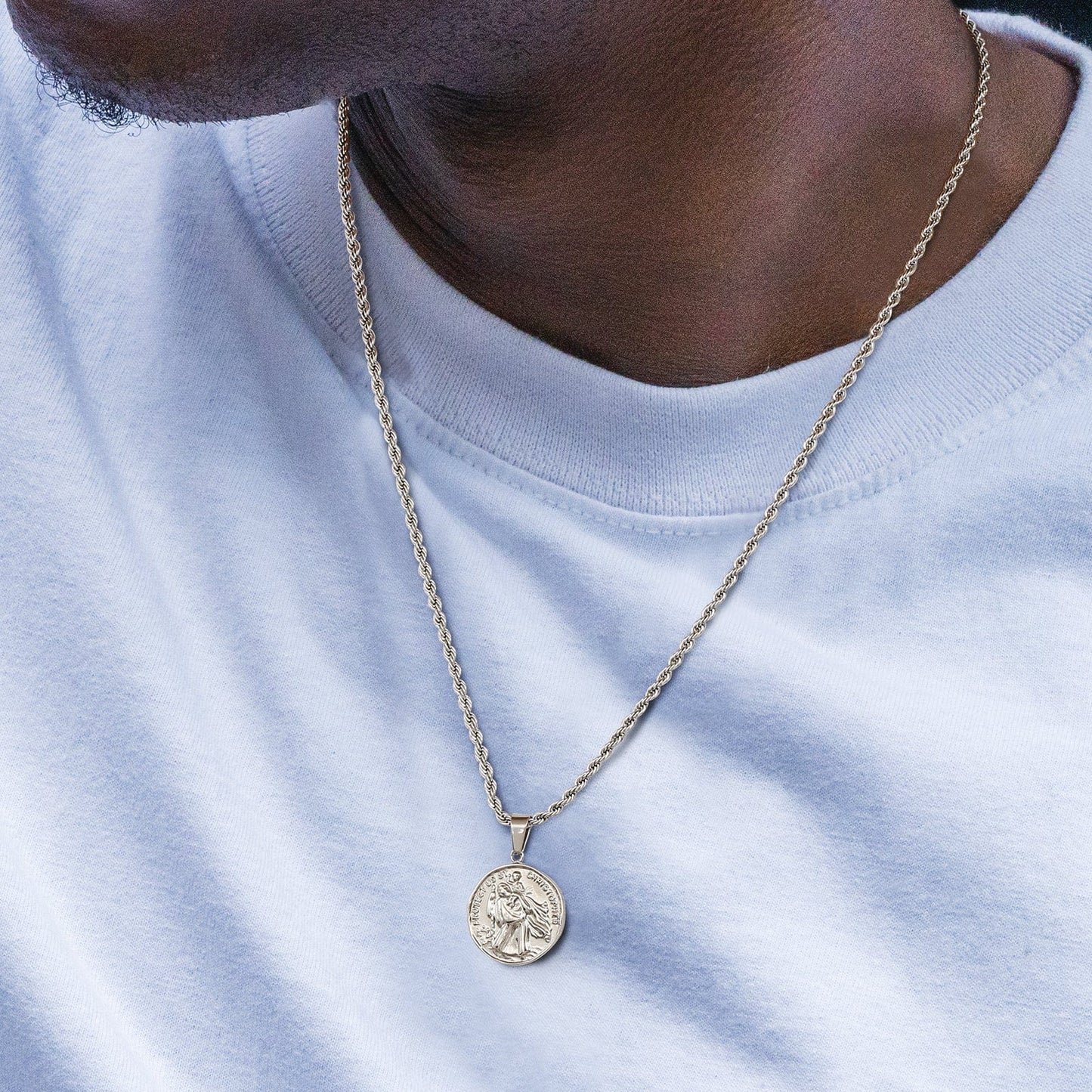 St Christopher Gold Coin Pendant Necklace with Rope Chain for Men