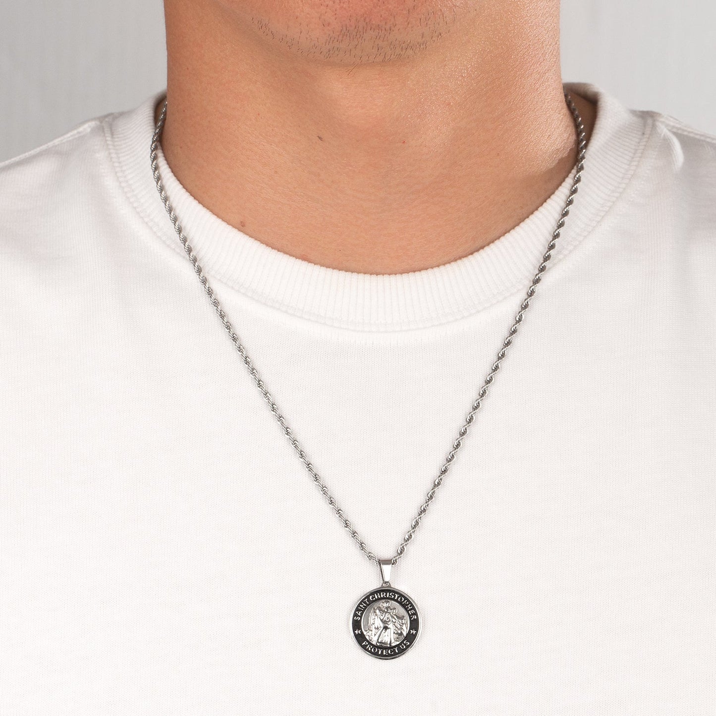 St Christopher Black & Gold Coin Pendant Necklace with Rope Chain for Men