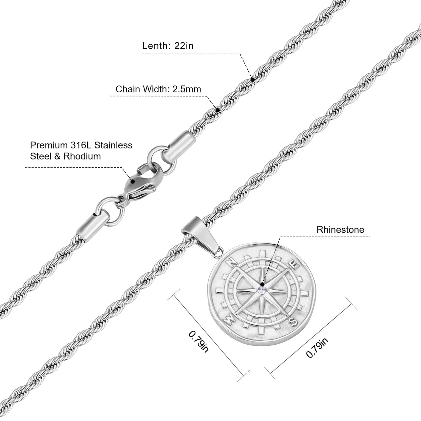 Compass Gold Coin Pendant Necklace with Rope Chain for Men