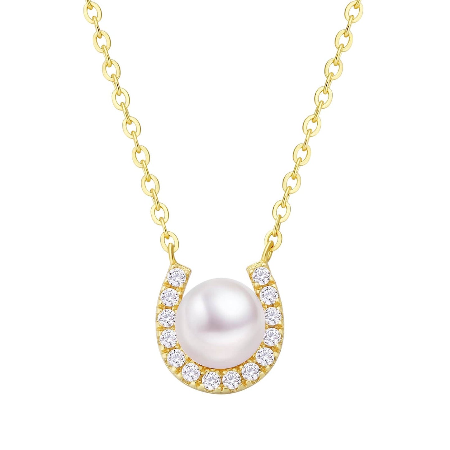 Wholesale Women Necklace Fresh Water Pearl Horseshoe Pendant CZ Stone S925 Silver Chain