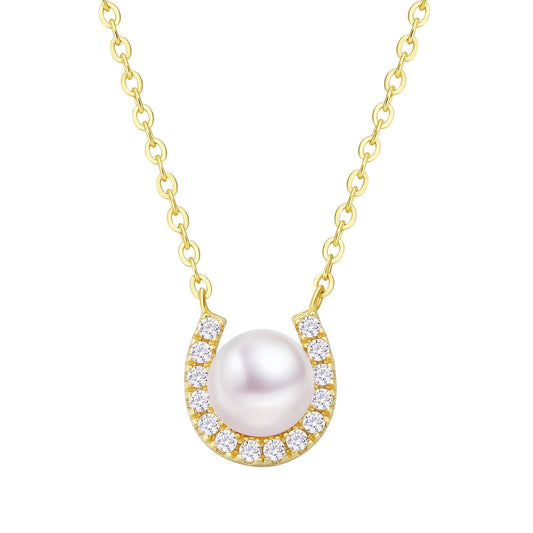 Wholesale Women Necklace Fresh Water Pearl Horseshoe Pendant CZ Stone S925 Silver Chain