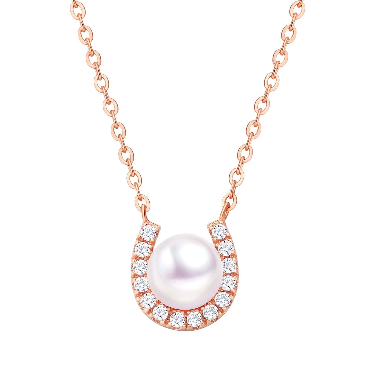 Wholesale Women Necklace Fresh Water Pearl Horseshoe Pendant CZ Stone S925 Silver Chain