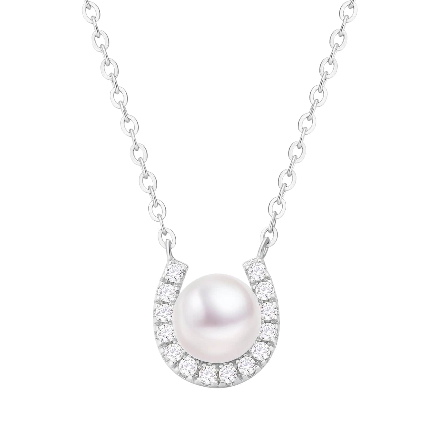 Wholesale Women Necklace Fresh Water Pearl Horseshoe Pendant CZ Stone S925 Silver Chain