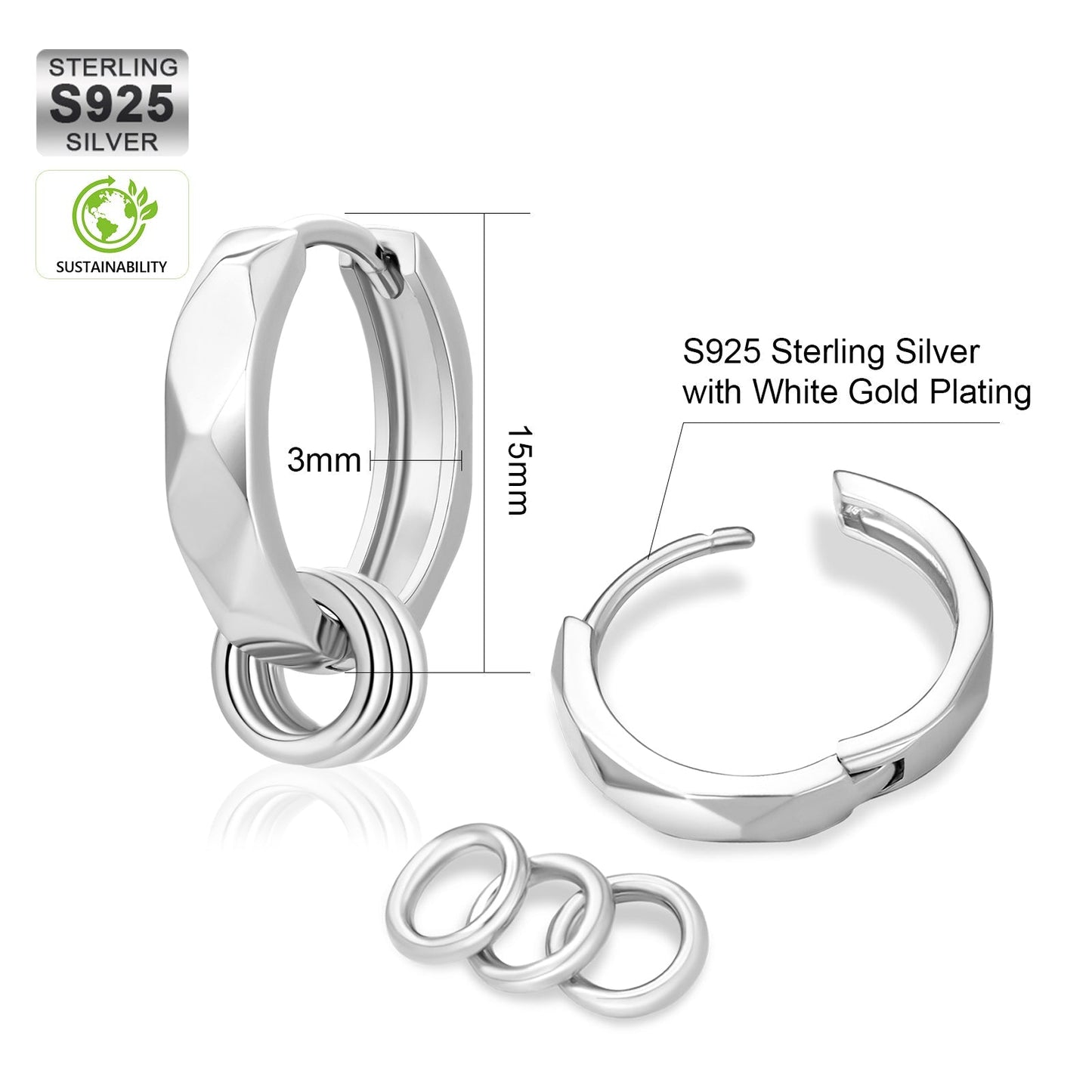 Wholesale Men's Earrings 15mm 2in1 Mens Hoop Earring with Detachable Rings 925 Sterling Silver