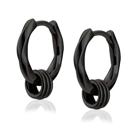 Wholesale Men's Earrings 15mm 2in1 Black Mens Hoop Earring Twisted with Detachable Rings 925 Sterling Silver