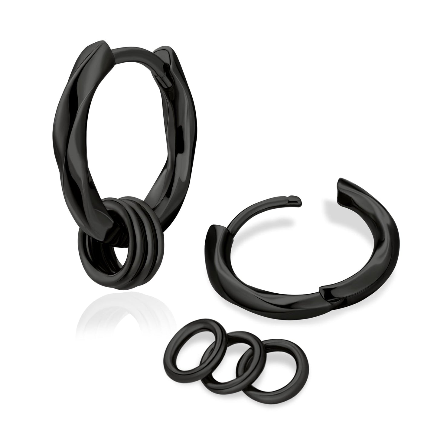 Wholesale Men's Earrings 15mm 2in1 Black Mens Hoop Earring Twisted with Detachable Rings 925 Sterling Silver