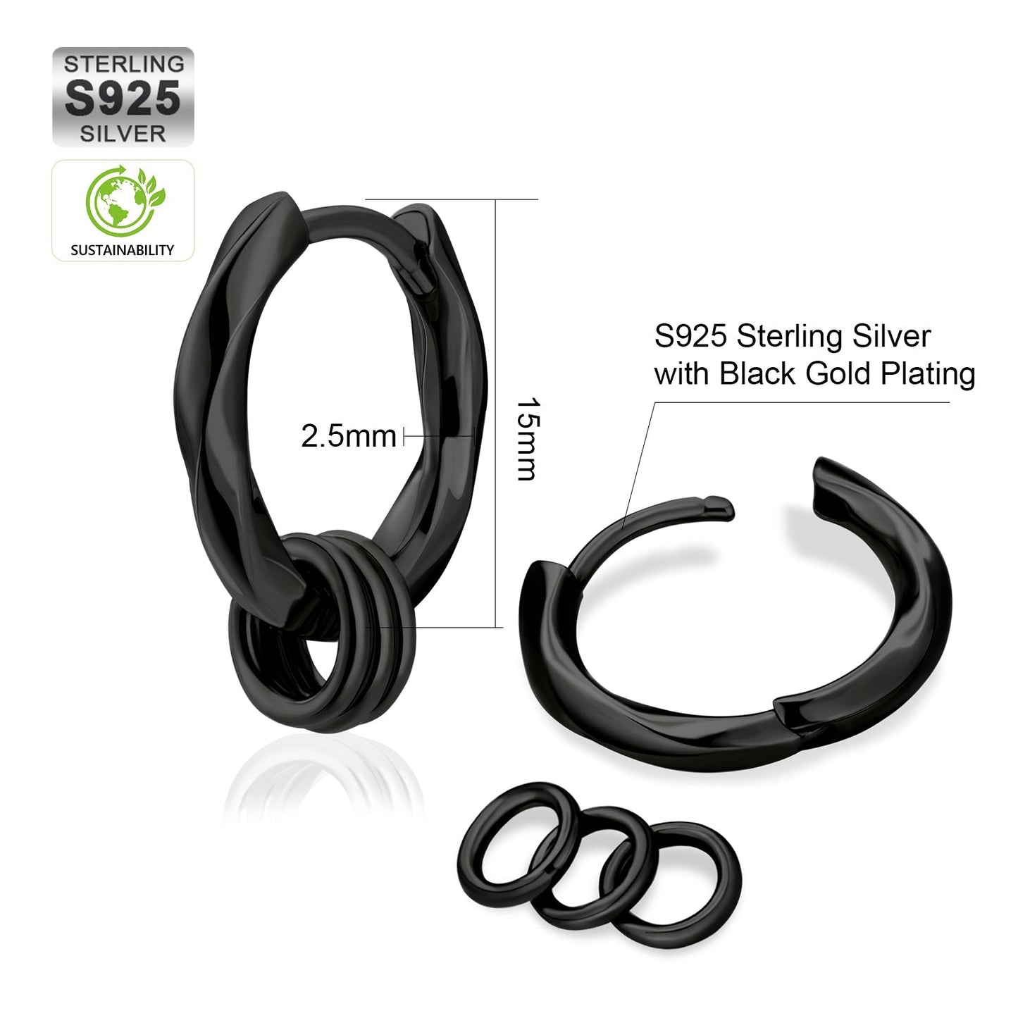 Wholesale Men's Earrings 15mm 2in1 Black Mens Hoop Earring Twisted with Detachable Rings 925 Sterling Silver