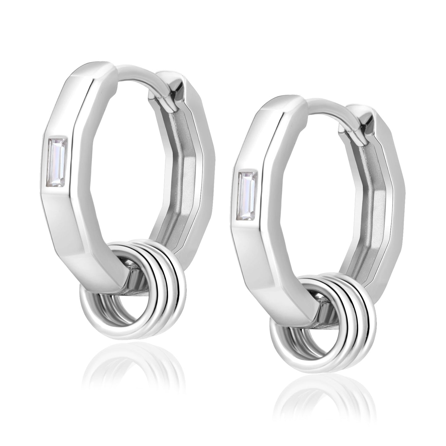 Wholesale Men's Earrings 15mm 2in1 Hoop Earrings Diamond Polygon with Detachable Rings 925 Sterling Silver