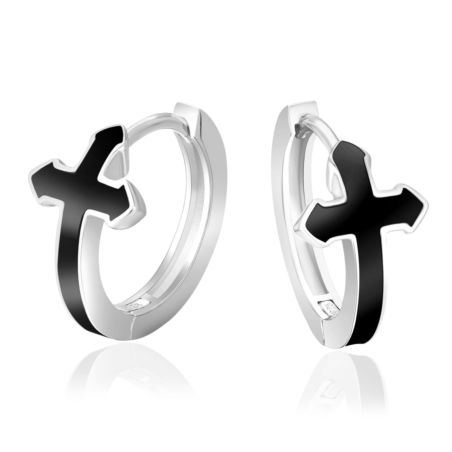 15mm Black Cross Hoop Earrings 925 Sterling Silver