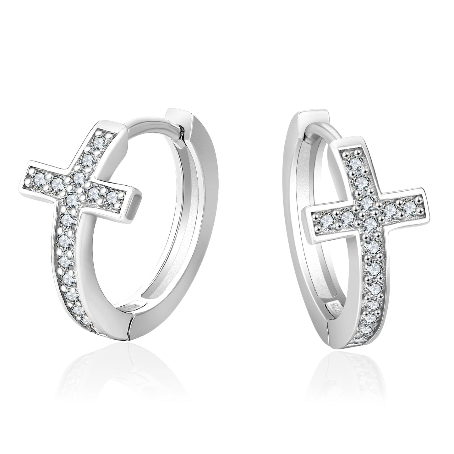 15mm Iced Cross Hoop Earrings 925 Sterling Silver