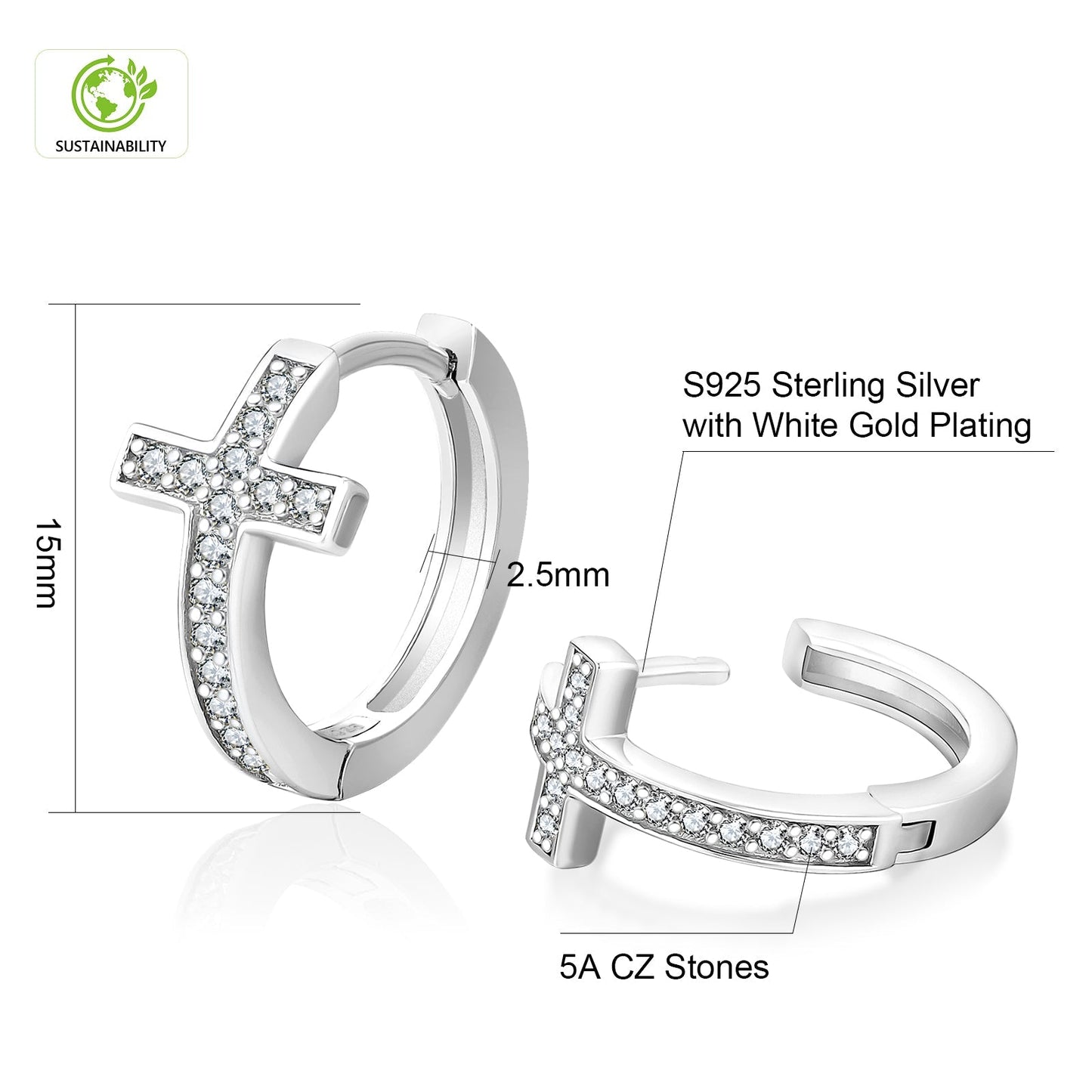 15mm Iced Cross Hoop Earrings 925 Sterling Silver