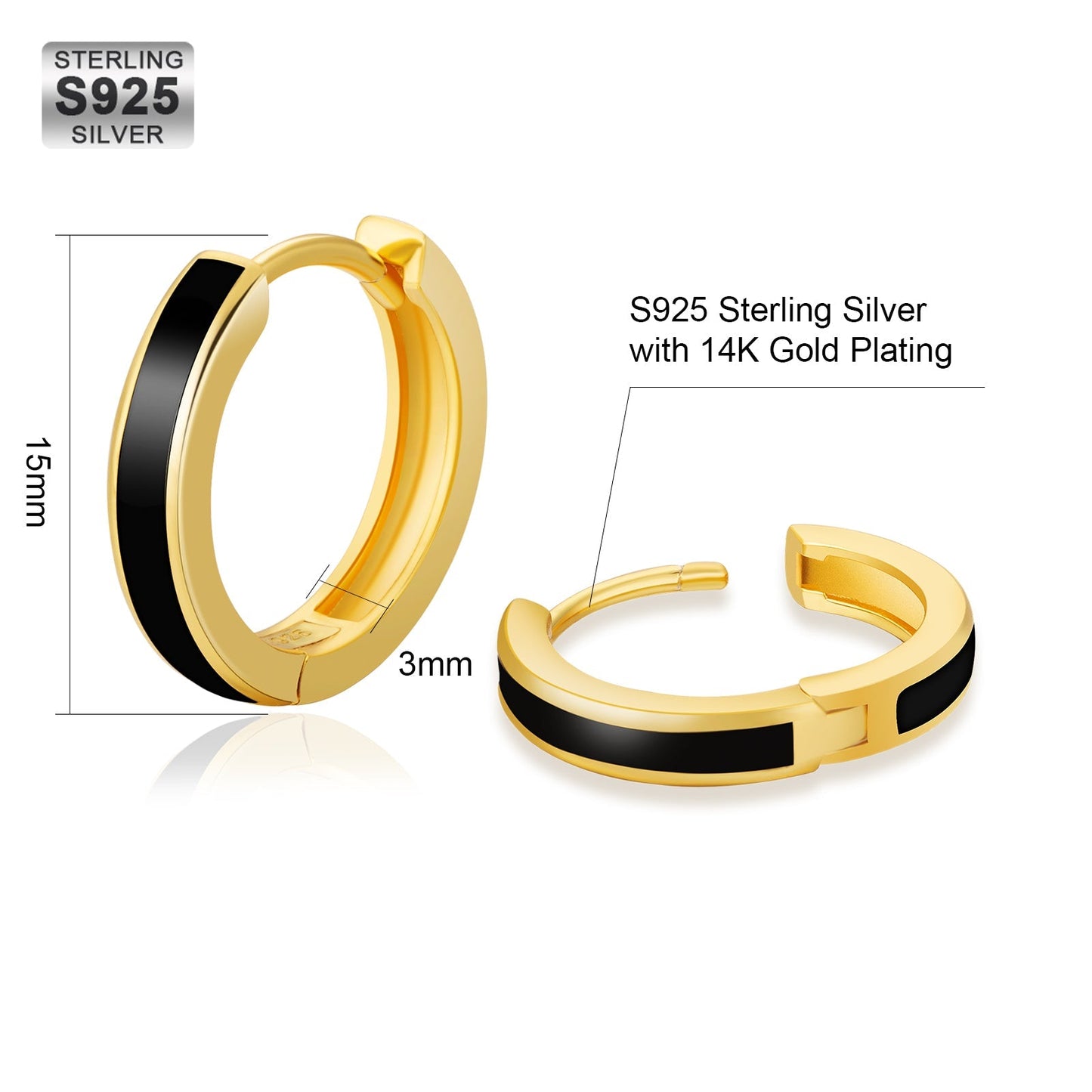 Wholesale Men's Earrings 15mm Sleek Black Hoop Earrings for Men