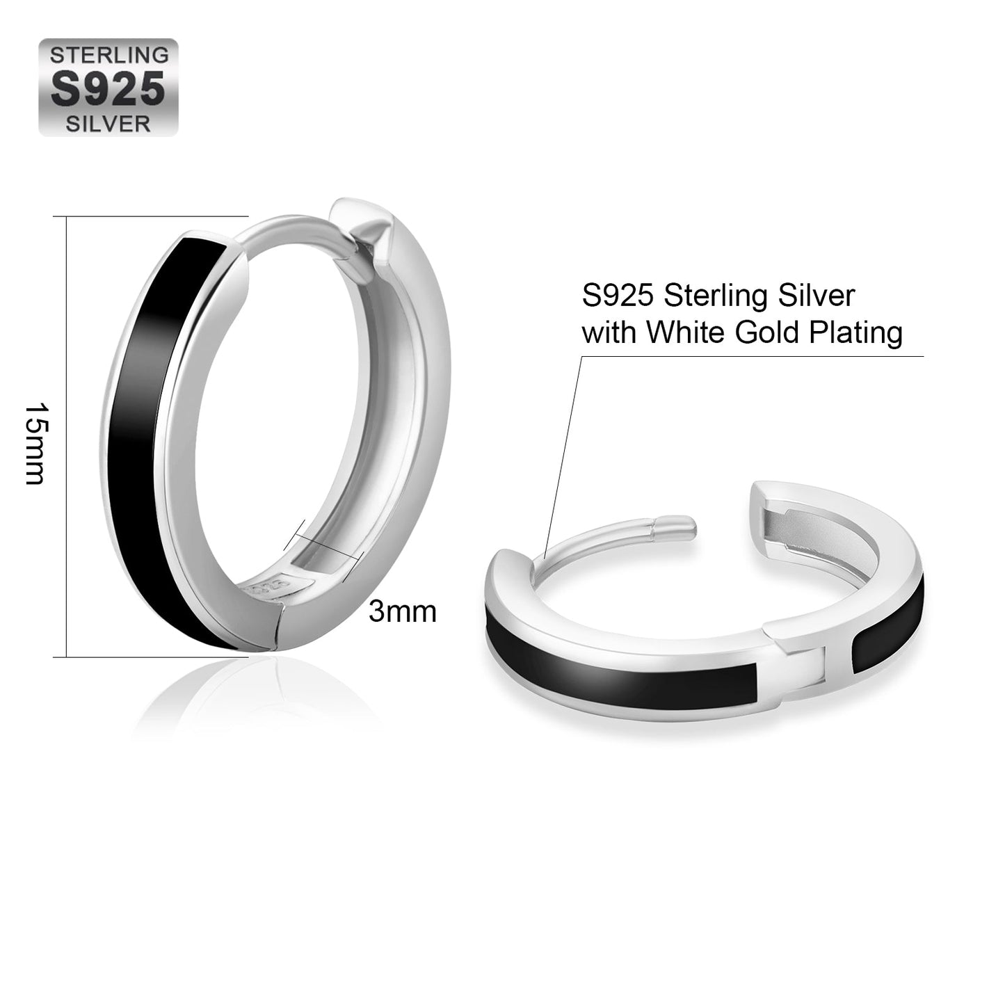 Wholesale Men's Earrings 15mm Sleek Black Hoop Earrings for Men