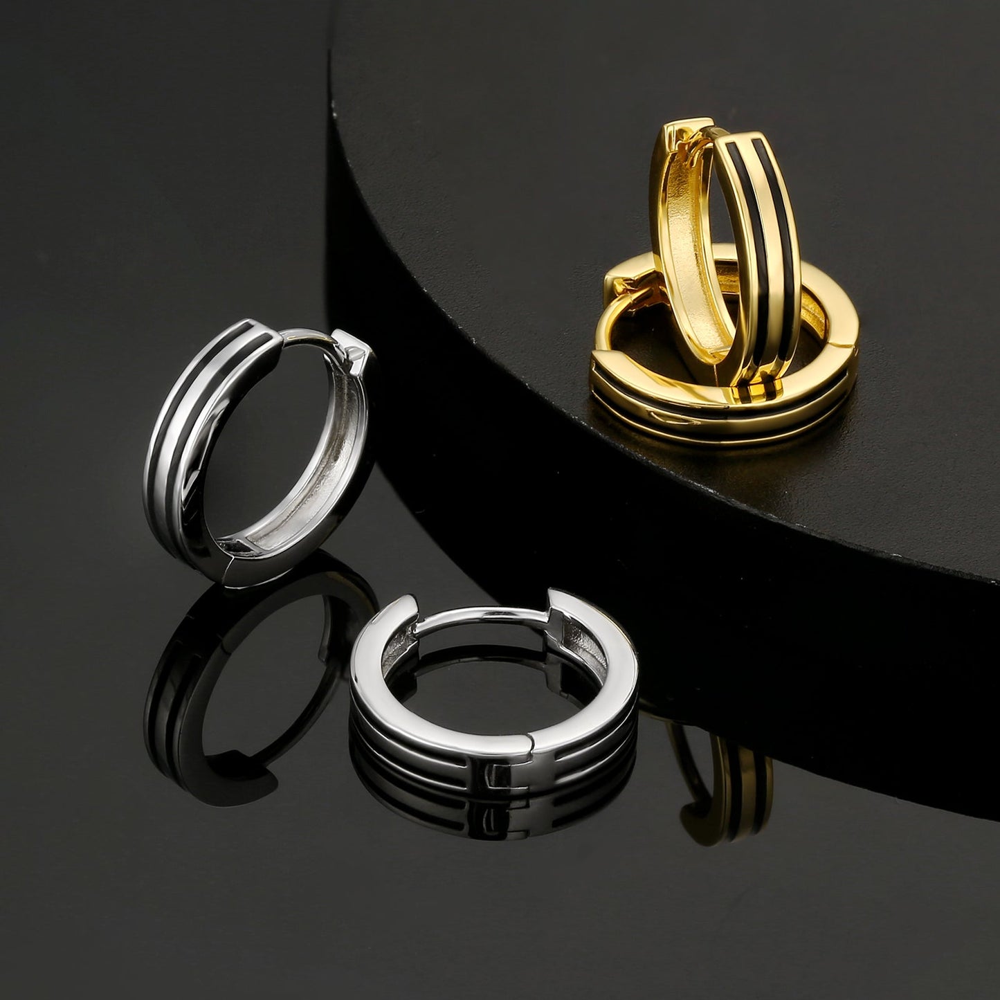 Wholesale Men's Earrings 15mm Sleek Black Stripe Hoop Earrings for Men