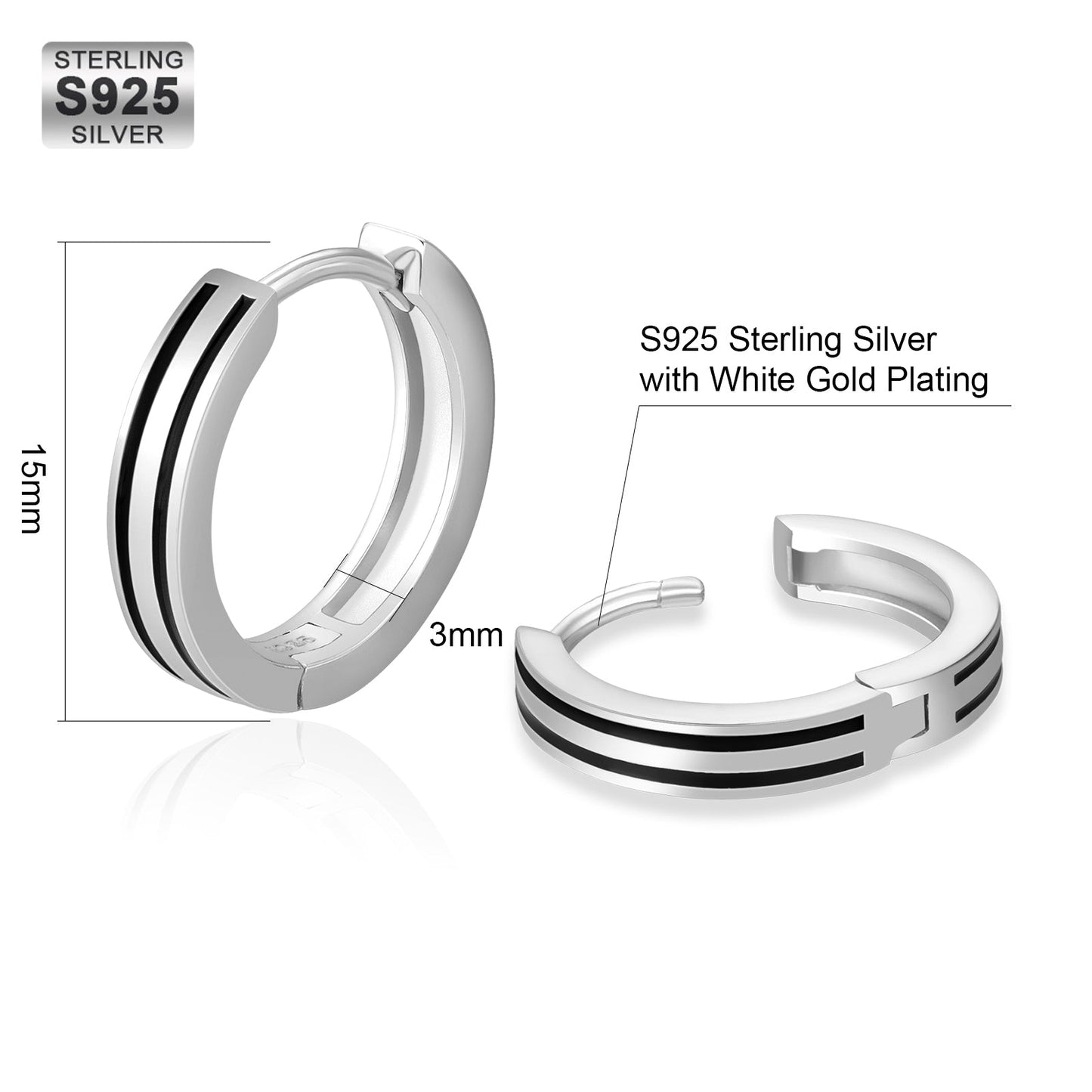 Wholesale Men's Earrings 15mm Sleek Black Stripe Hoop Earrings for Men