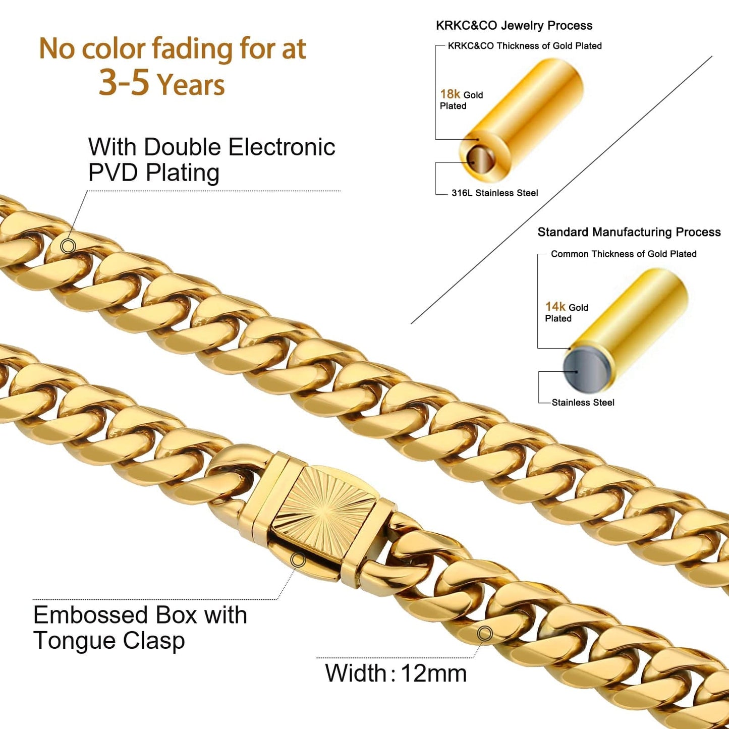 Wholesale Miami Cuban Link Chain Stainless Steel 12mm 6-Sided 18K Gold Plated