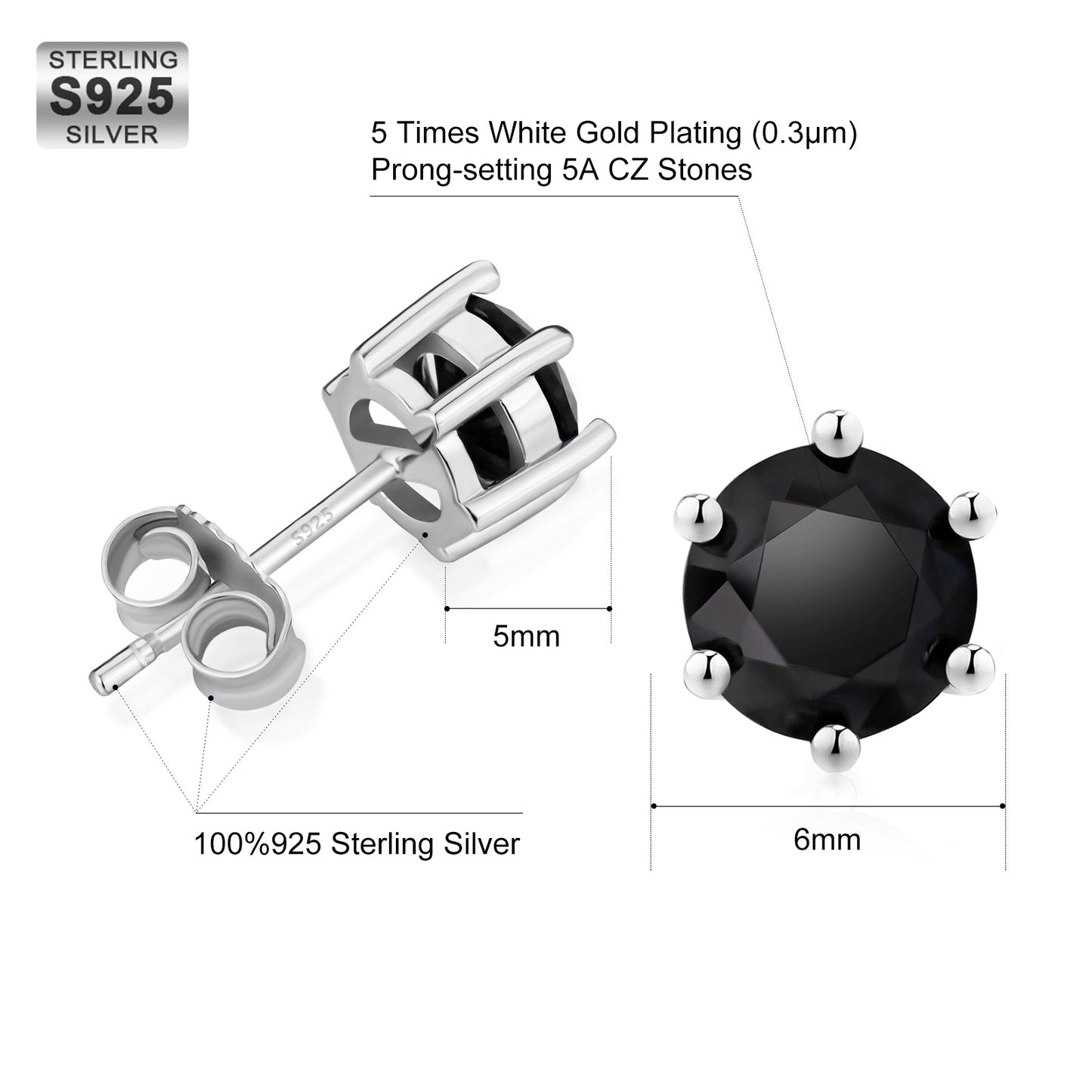 Wholesale Men's Earrings 6mm Black CZ Stone Round Iced Stud Earrings for Men in 14K Gold/ White Gold