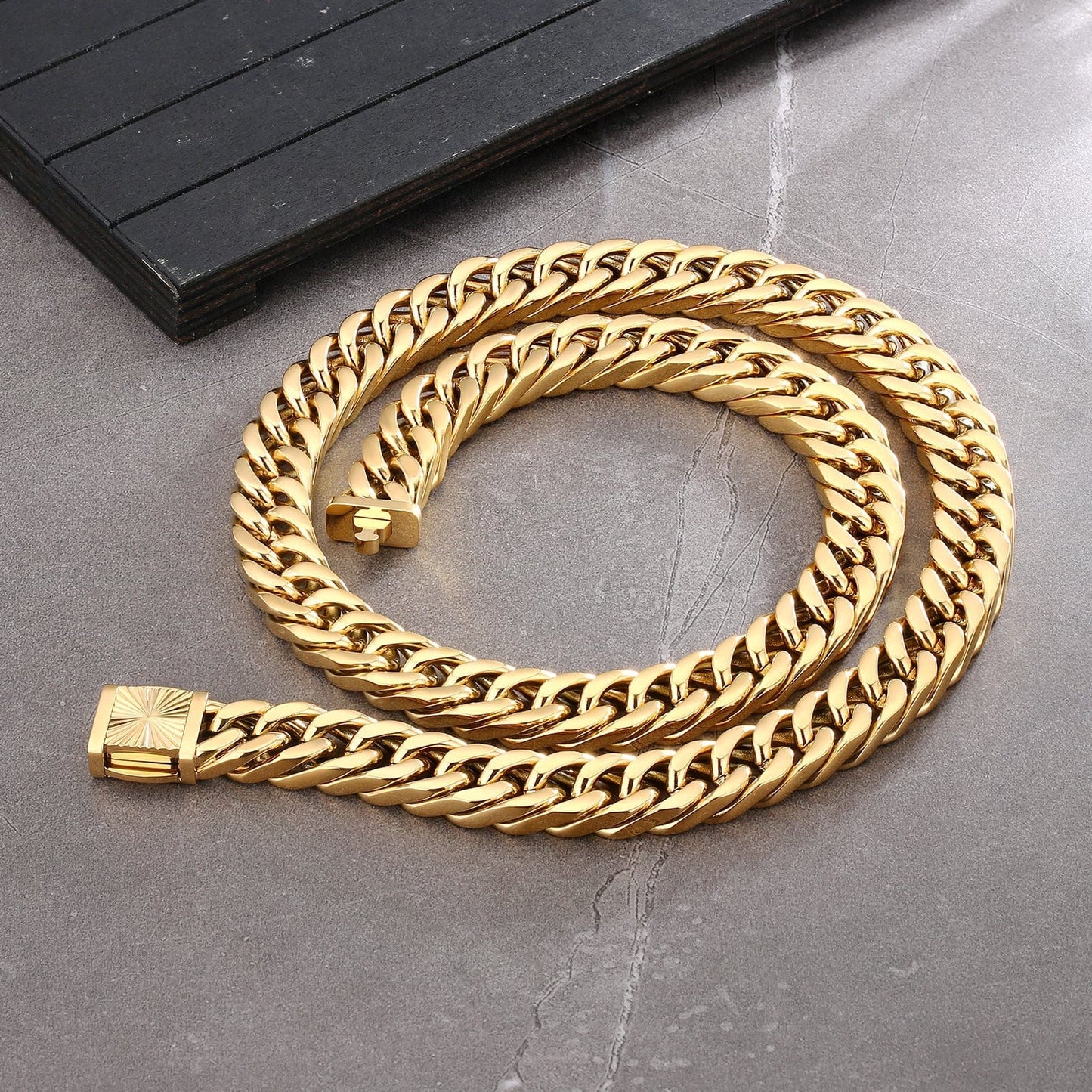 Wholesale Miami Cuban Link Chain Stainless Steel 12mm 4-Sided 18K Gold Plated