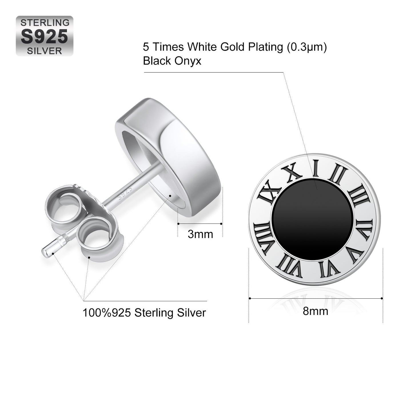 Wholesale Men's Earrings 8mm Roman Numerals Black Agate Round Iced Stud Earrings for Men