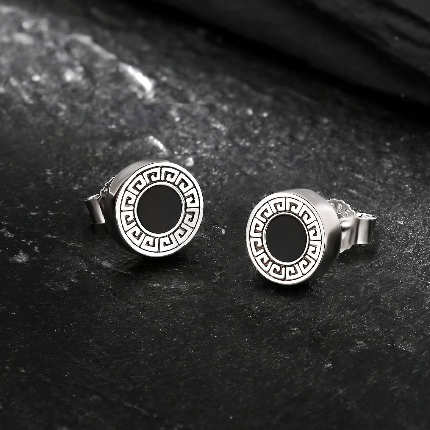 Wholesale Men's Earrings 8.5mm Vintage Black Agate Round Iced Stud Earrings for Men