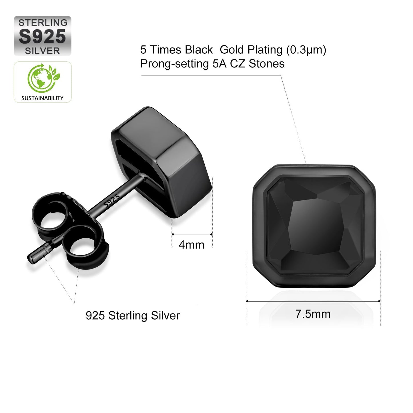 Wholesale Men's Earrings All Black CZ Iced Stud Earrings for Men