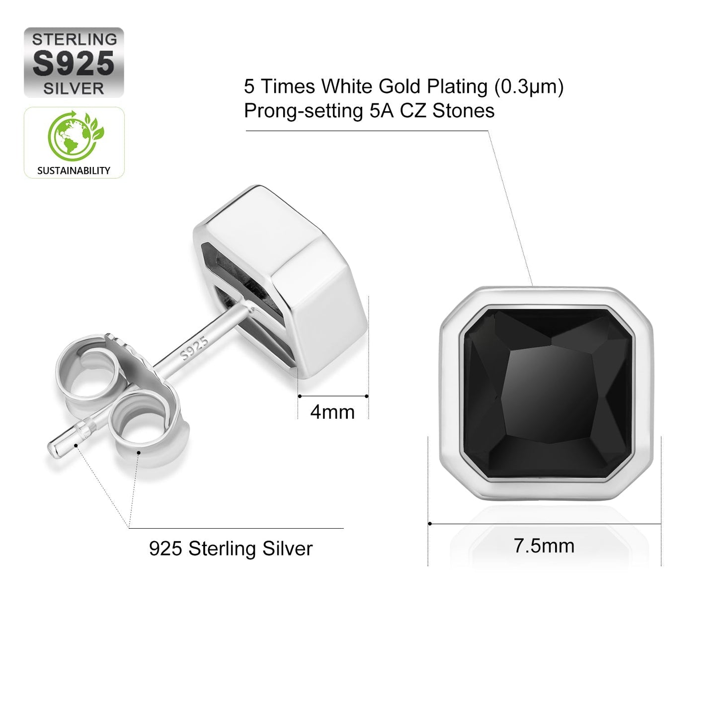 Wholesale Men's Earrings Minimalist Black CZ Iced Stud Earrings for Men