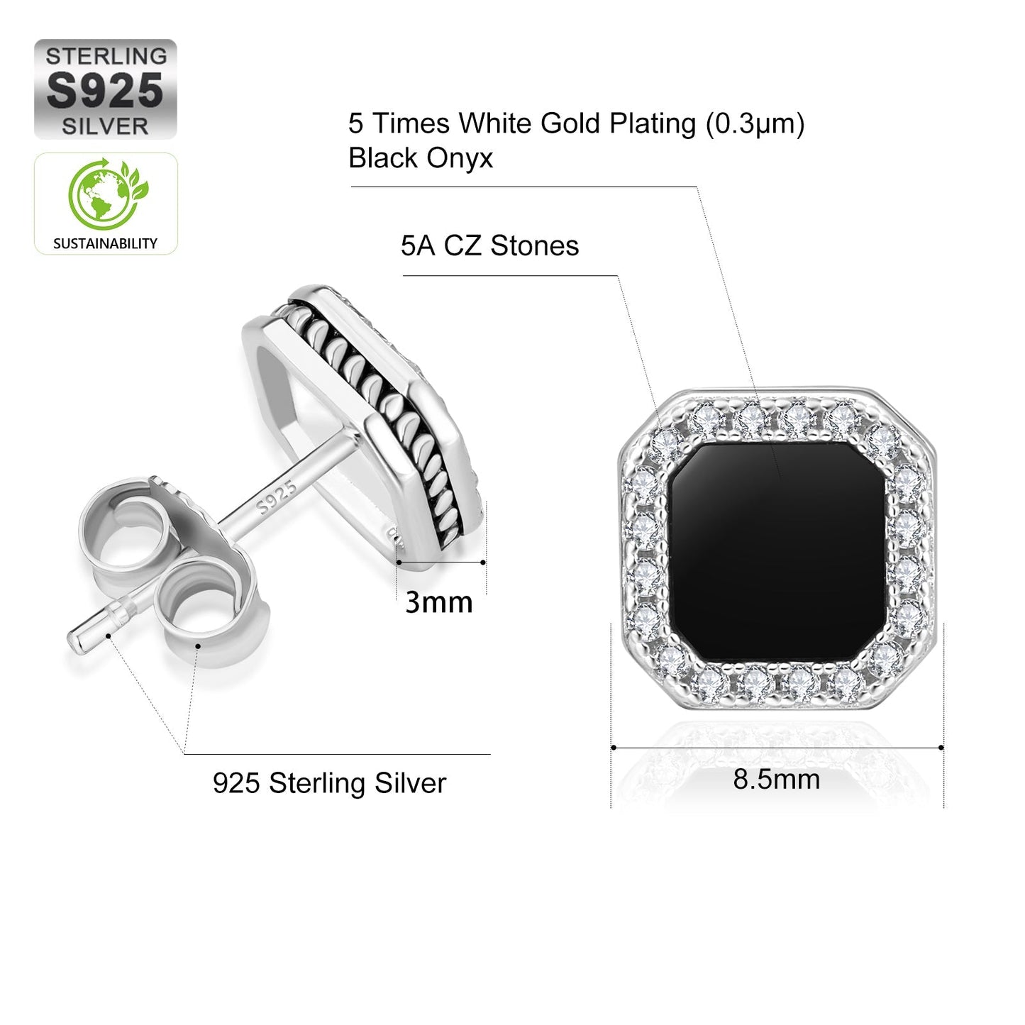 Wholesale Men's Earrings Square Black Iced CZ Stud Earrings for Men