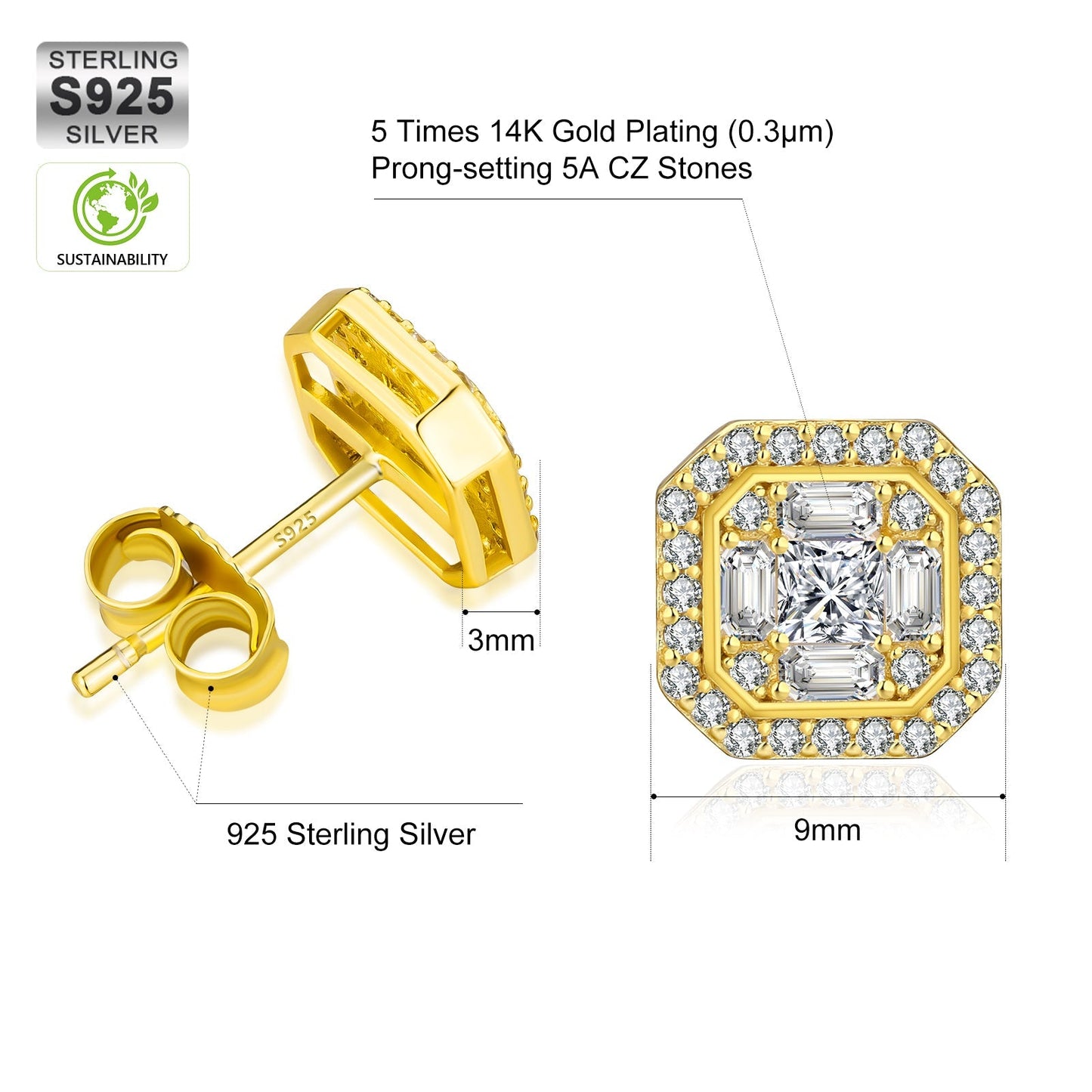 Wholesale Men's Earrings Square Full Iced CZ Stud Earrings for Men