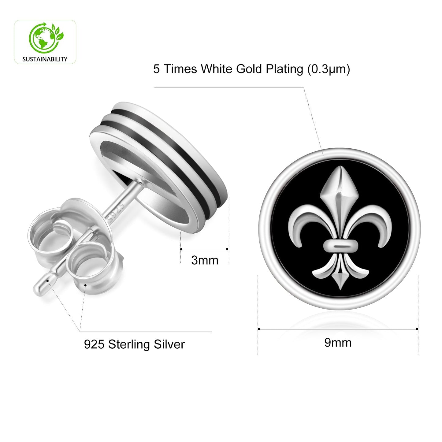 Wholesale Men's Earrings Stud Earrings 9mm Fleur de lis Black Earrings for Men