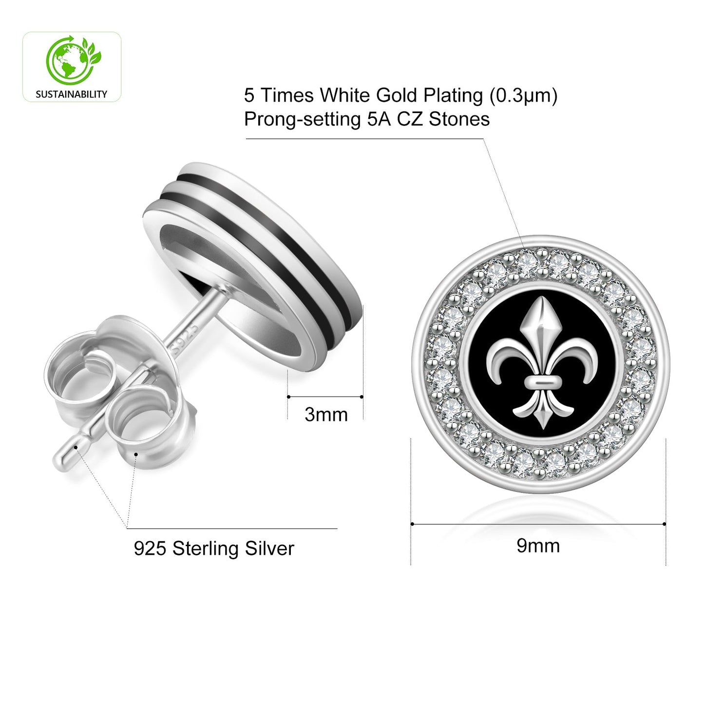 Wholesale Men's Earrings Stud Earrings 9mm Fleur de lis Iced Diamond CZ