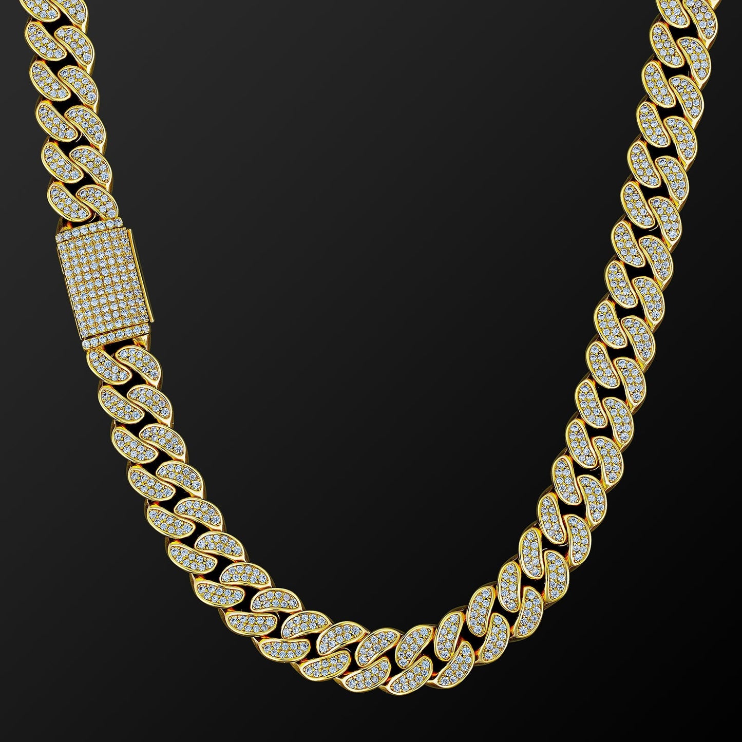 12mm Iced Out Cuban Link Necklace in 14K Gold