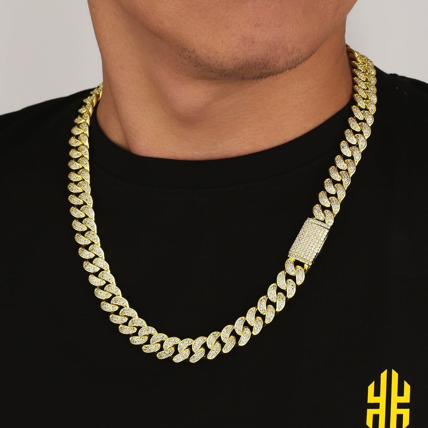 12mm Iced Out Cuban Link Necklace in 14K Gold