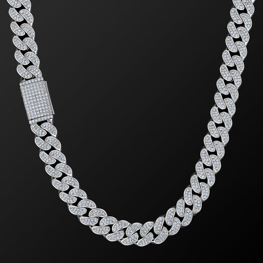 12mm Iced Out Cuban Link Necklace in White Gold