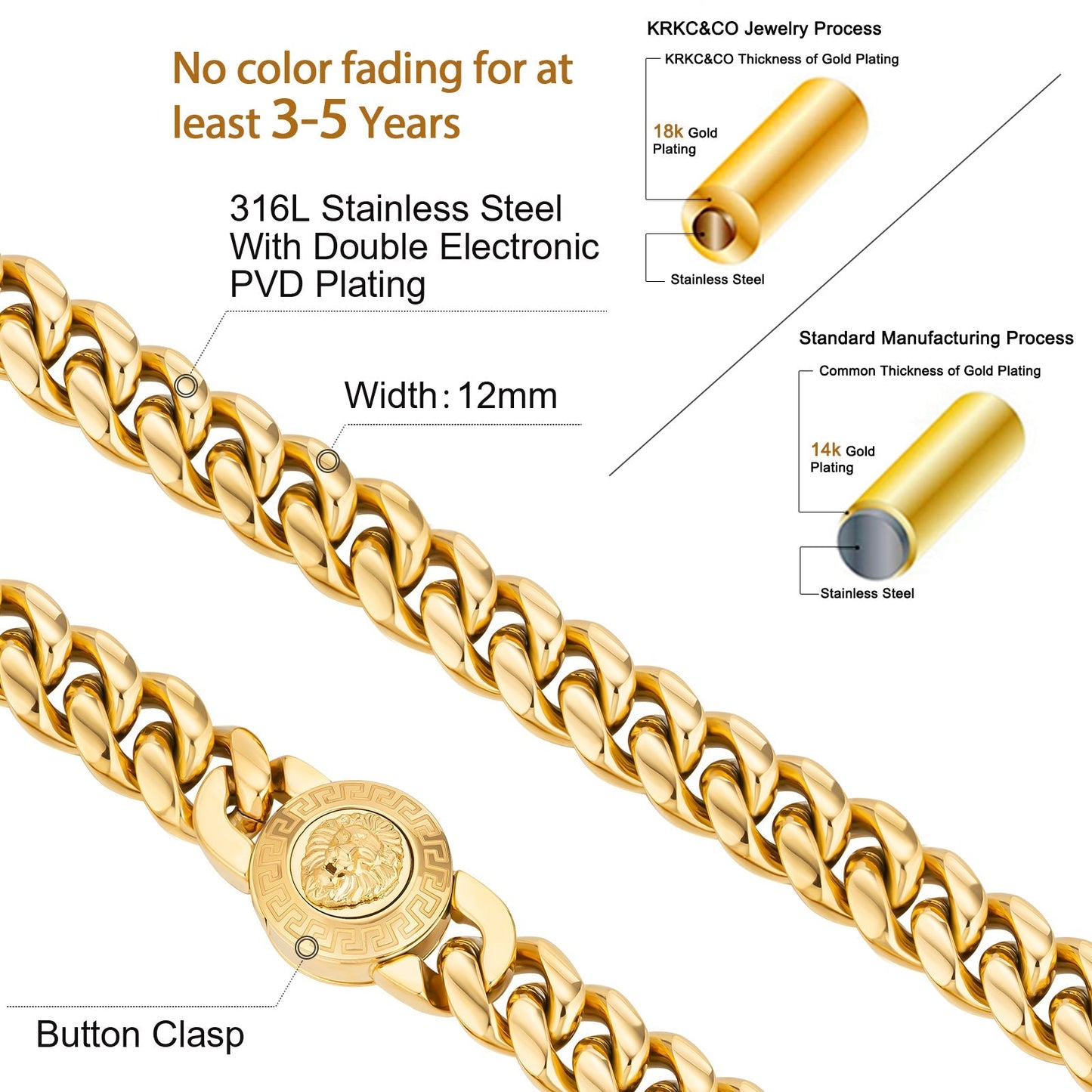 12mm Lion Button Clasp Miami Cuban Link Chain