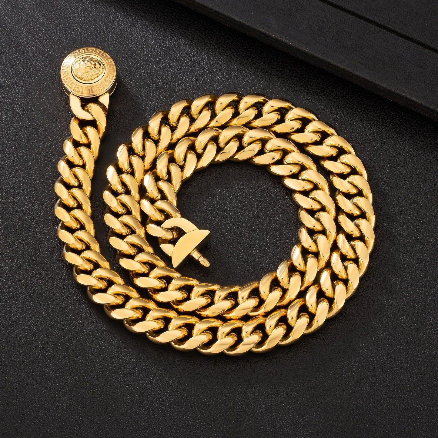 12mm Lion Button Clasp Miami Cuban Link Chain