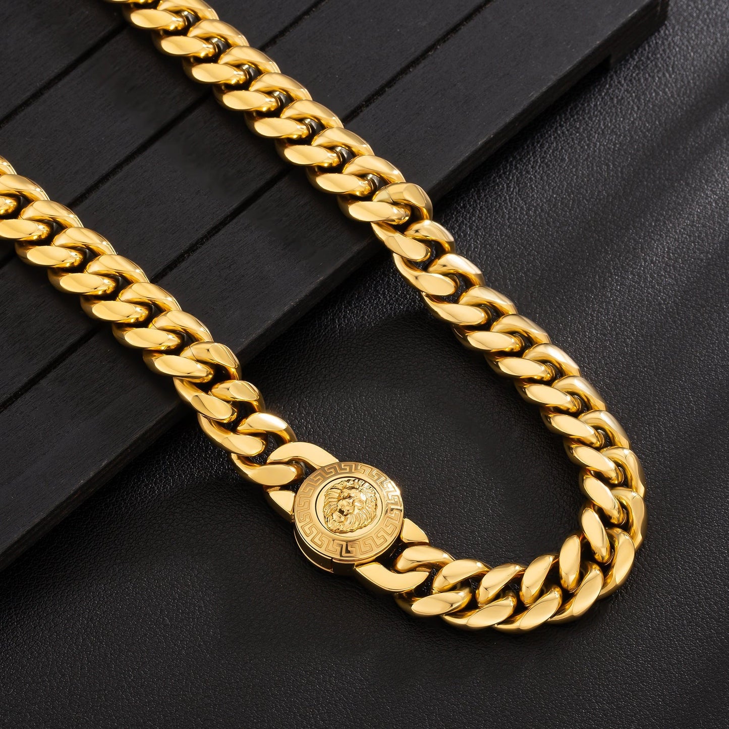 12mm Lion Button Clasp Miami Cuban Link Chain