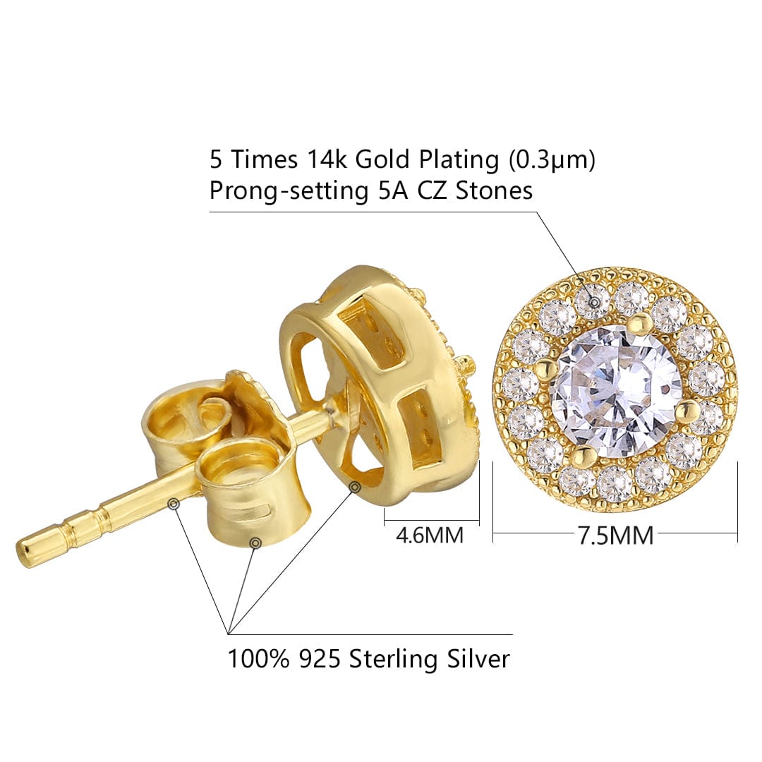 Wholesale 925 Sterling Silver Hip Hop Stud Earrings Diamond Earrings Round Square 7.5mm CZ Diamond Earrings Gold Fashion Jewelry