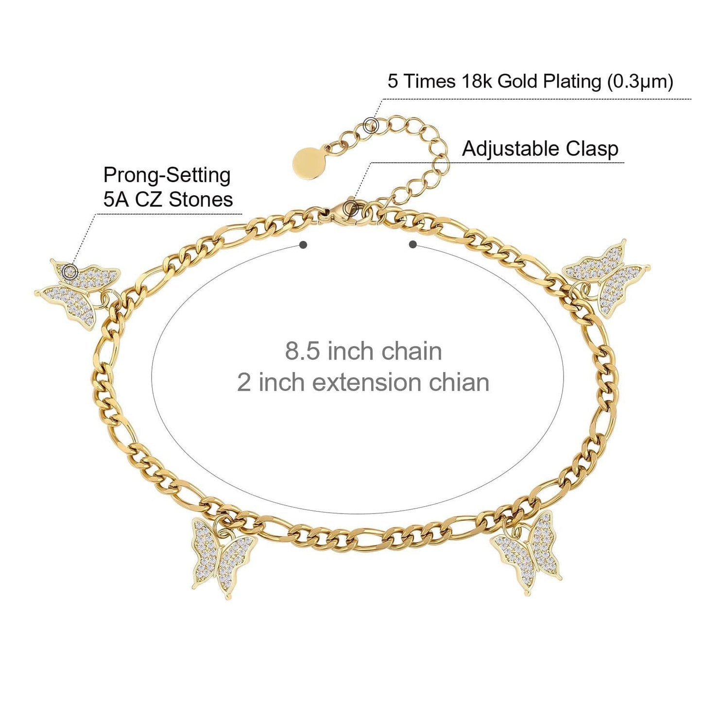 Wholesale Stainless Steel Anklets 4mm Gold Figaro Butterfly Anklet Bracelet for Women Adjustable Size