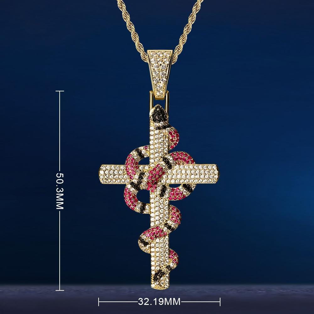 KRKC Iced Out Twisted Coral Snake Cross Necklace, 14K Gold Cross Pendant Hip Hop Jewelry Wholesale