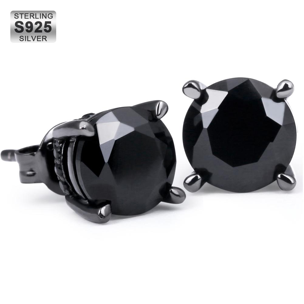 Wholesale 925 Sterling Silver Stud Earrings Hip Hop Earrings Round Diamond Black CZ Stud Men's Earrings