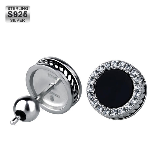 Wholesale S925 Sterling Silver Black Onyx Iced Diamond CZ Round Stud Men's Earrings