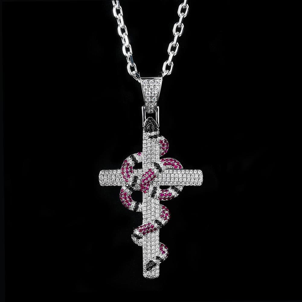 KRKC Iced Out Twisted Coral Snake Cross Necklace, White Gold Cross Pendant Hip Hop Jewelry Wholesale