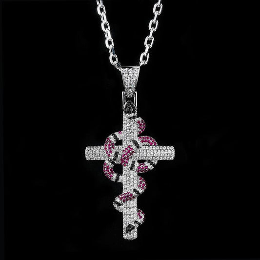 KRKC Iced Out Twisted Coral Snake Cross Necklace, White Gold Cross Pendant Hip Hop Jewelry Wholesale